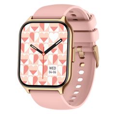 an image of a pink watch with hearts on the face and gold case for it