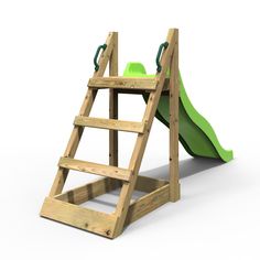 a wooden play set with a green slide on the top and bottom part, against a white background