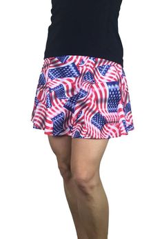 American Flag athletic skirt with built in compression shorts and pocket.  This golf, tennis, running or sports skirt is flare-style, allowing for plenty of movement, made of a high quality performance spandex. The compression shorts are uniquely designed to be incredibly comfortable and won't ride up during activity. The pocket is positioned on the side of the shorts, and will fit your phone, keys, ID, etc. *Please see size chart in images above for standard skirt length, shorts inseam length, Running Skirt, Sports Skirt, Athletic Skirts, Running Skirts, Golf Skirt, Athletic Skirt, Womens Sports, Tennis Skort, Golf Skirts