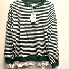 Brand New Dark Green And White Stripped Sweater Size X-Small White Tops With Contrast Stripes For Layering, White Tops With Striped Hem For Fall, Nordstrom White Cotton Tops, White Cotton Nordstrom Tops, Spring Nordstrom Relaxed Fit Tops, Nordstrom Relaxed Fit Tops For Spring, Winter Cotton Tops With Striped Hem, Nordstrom White Spring Top, White Nordstrom Top For Spring