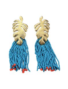 Steven Dann Palm Leaf Beaded Statement Earring in Gold/Ocean. Gold toned textured palm leaf post. Cerulean blue beaded tassels. Orange bead details. Classic post. Approx. 4" long. Blue Large Beaded Earrings For Beach, Blue Beaded Fringe Earrings For Beach, Blue Tassel Earrings With Dangling Beads For Beach, Blue Tassel Earrings For Beach, Turquoise Tassel Earrings With Colorful Beads For Beach, Blue Fringe Beaded Earrings For Beach, Rococo Sand, Minnie Rose, Cerulean Blue