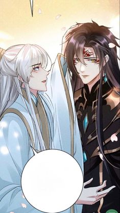 two anime characters one with long hair and the other with white hair, are facing each other