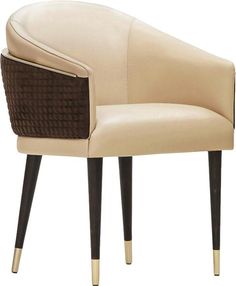 a beige chair with black legs and a brown seat cushion on top of the armrests