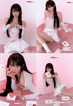 four photos of a woman with long hair sitting on the floor and holding a card