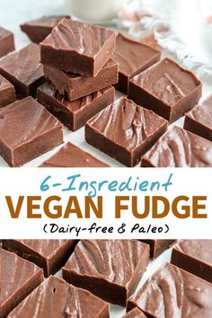 vegan fudge chocolate squares stacked on top of each other with the title text overlay