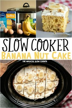 the cover of slow cooker banana nut cake is shown with bananas and other ingredients