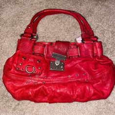 High Quality Vintage Juicy Couture Bag Red Satchel With Metal Hardware, Red Satchel Shoulder Bag With Metal Hardware, Red Satchel Bag With Palladium Hardware, Red Satchel With Metal Hardware For Everyday Use, Red Leather Shoulder Bag With Metal Hardware, Designer Red Bags With Silver-tone Hardware, Designer Red Shoulder Bag With Metal Hardware, Red Satchel Shoulder Bag With Palladium Hardware, Red Leather Bag With Metal Hardware