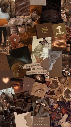 a collage of different pictures with animals and words on them in brown, beige, black and white colors