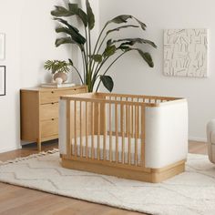 a baby's room with a crib, chair and potted plant in it