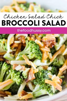 broccoli salad with shredded cheese and bacon in a white bowl