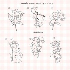 the instructions for how to draw cartoon animals in different positions and sizes, including flowers