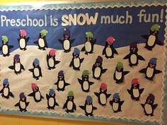 a bulletin board with penguins on it that says, preschool is snow much fun?