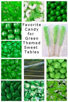 green and white candies with text overlay that reads favorite candy for green themed sweet tables