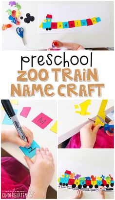 a collage of photos with the words preschool zoo train name craft on it and lego letters