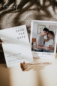 an image of save the date cards on a table next to a couple's photo