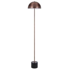 a floor lamp with a black base and a brown shade on the top, against a white background