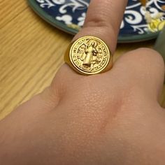 18k Gold Filled Saint Benedict Signet Ring - Etsy Spiritual Yellow Gold Tarnish-resistant Signet Ring, Gold Adjustable Engraved Spiritual Ring, Adjustable Gold Engraved Spiritual Ring, Gold Spiritual Signet Ring For Gift, Gold Spiritual Signet Ring As A Gift, Gold Symbolic Rings, Spiritual Yellow Gold Signet Ring, Personalized Spiritual Gold Rings, Gold Engraved Symbolic Signet Ring