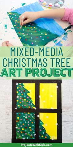 Christmas tree art project using acrylic paint, watercolors, and paper. Hand painting dots on a Christmas tree painting using Q-tips. Tree Art Project, Mixed Media Christmas, Christmas Art For Kids, Winter Art Projects, Christmas Tree Art, Easy Art Projects, Art Activity