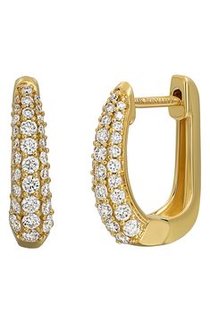 Light up your lobes with these tapered huggie hoops set asparkle by 60 diamonds and handcrafted from 18-karat gold. 1/2" hoop diameter Hinge with snap-post closure Total diamond weight: 0.51ct. Color: G Clarity: VS 18k gold/diamond Imported >Diamond Guide Formal Huggie Earrings With Brilliant Cut, Luxury Yellow Gold Huggie Earrings With Diamond Accents, Luxury Yellow Gold Huggie Earrings With Vvs Clarity, Luxury Yellow Gold Diamond Huggie Earrings, Fine Jewelry Huggie Earrings With Pave Setting, Yellow Gold Huggie Diamond Earrings With Pave Setting, Formal Huggie Earrings With Diamond Accents, Formal Diamond Accented Huggie Earrings, Luxury Small Hoop Pave Huggie Earrings