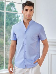 Baby Blue Casual Collar Short Sleeve Fabric Plain Shirt Embellished Non-Stretch  Men Clothing Plain Shirt, Plain Shirts, Button Up Shirt, Baby Blue, Button Up Shirts