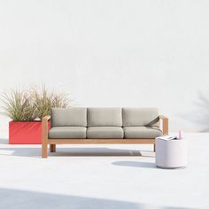 a couch sitting on top of a white floor next to a potted planter