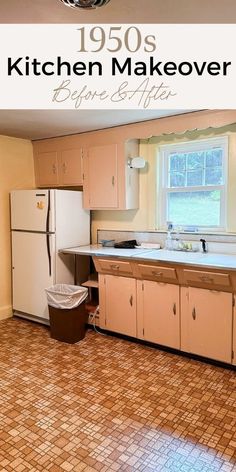 an old kitchen with the words 1950's kitchen makeover before and after on it