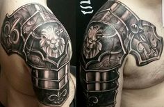 a man's half sleeve with an armor tattoo on it