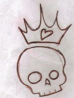 a drawing of a skull with a crown on it's head and heart in the middle