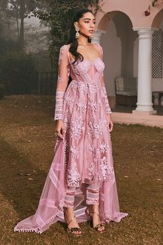 Pink mesh padded anarkali with floral and thread hand embroidery. Comes with pant and a dupatta. - Aza Fashions Women Kurta, Set Women, Pant Set, Anarkali, Aza Fashion, Pink Floral, Hand Embroidered, Hand Embroidery, Pants Set