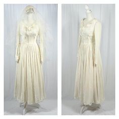 two pictures of a wedding dress and veil on mannequins, one in white