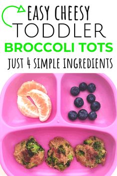 an easy toddler meal with broccoli, blueberries and orange slices on a pink plate