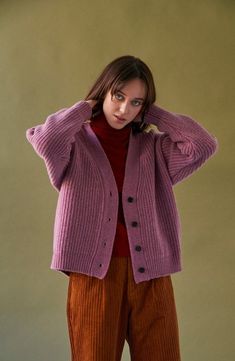 Regan Cardigan/ Dark Heather Pink Pink Knit Cardigan Outfit, Knit Cardigan Outfit, Merino Sweater, Purple Cardigan, Chunky Cardigan, Textured Sweater, Cardigan Outfits, Layering Outfits, Preppy Outfit