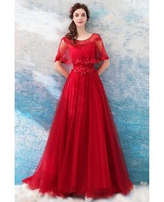 Buy Long Red A Line Elegant Tulle Wedding Party Dress With Cape at wholesale price online. Free shipping and pro custom service since 2009. Red A-line Tulle Dress, Full-length Tulle Wedding Dress, Full Length Tulle Wedding Dress, Red A-line Ball Gown For Prom, Red A-line Ball Gown For Formal Occasions, Red Tulle Prom Gown, Red Floor-length Ball Gown For Prom, Red Tulle Ball Gown For Evening, Formal Red Tulle Ball Gown