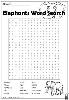 an elephant word search is shown in this printable worksheet for the kids