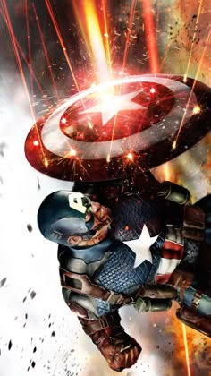 captain america is flying through the air with his shield in hand and fire coming out from behind him