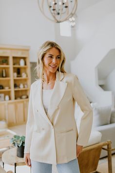 Our Double Breasted Satin Blazer is a beutiful blazer to pair with so many outfits! It is made with 100% Polyester LINING, 100% Polyester. Runs true to size. Available in women's sizes:SmallMediumLarge Cream Blazer For Semi-formal Spring Events, Cream Semi-formal Blazer For Spring, Elegant Fall Blazer For Brunch, Chic Beige Blazer For Brunch, Classic Cream Double-breasted Blazer, Cream Double-breasted Blazer, Spring Cream Double-breasted Blazer, Elegant Cream Double-breasted Blazer, Beige Single-breasted Blazer