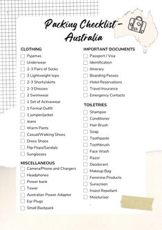 the packing checklist australia printable is on top of a piece of white paper