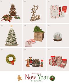 christmas cards and presents are arranged in different styles, sizes and colors for the new year