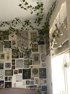 there is a wall covered with pictures and plants hanging from it's ceiling above a bed