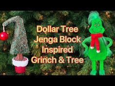 the grinch and tree ornaments are hanging in front of a christmas tree with words dollar tree, jennya block inspired grinch & tree