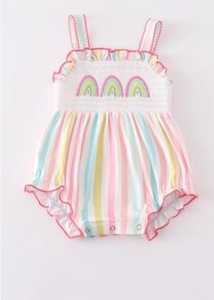 Baby Girl's Striped Rainbow Smocked Bubble Romper -95% Polyester, 5% Spandex -Manufactured by a trusted production partner of Hissy Fitz Boutique Cute Pink Bubble Romper With Smocked Back, Spring Playful Bubble Romper With Smocked Bodice, Playful Bubble Romper With Smocked Bodice For Spring, Spring Bubble Romper With Smocked Bodice, Playful Fitted Multicolor Bubble Romper, Cute Pink Bubble Romper With Smocked Bodice, Playful Bubble Romper With Smocked Back, Playful Cotton Bubble Romper With Smocked Back, Fitted Multicolor Bubble Romper For Playtime