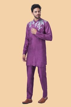 Purple nehru jacket with placement floral print. Paired with a matching kurta and pant. - Aza Fashions Spring Nehru Jacket With Dabka Work, Purple Kurta For Men, Semi-stitched Nehru Jacket With Cutdana, Purple Nehru Jacket Men, Luxury Single-breasted Nehru Jacket, Fitted Single-breasted Long Sleeve Nehru Jacket, Nehru Jacket, Nehru Jackets, Manish