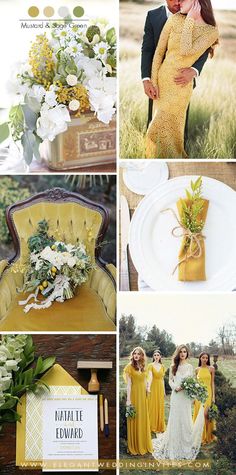 yellow and green wedding color palettes for the bride, groom, and flower girl