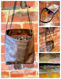 several pictures of different purses hanging on a brick wall