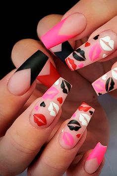 Lips On Nails Design, Lips Nails Designs, Amy Schneider, Lips Nail Art, Nail Artwork, Vday Nails, Acrylic Nail Polish, Valentines Day Nails, Kiss Lips