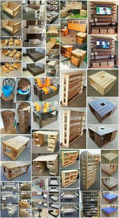 many different types of wooden pallets are shown in this collage, including crates and boxes