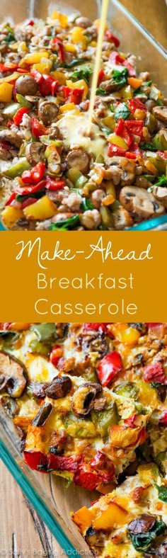 a casserole dish with mushrooms, peppers and cheese being drizzled on top