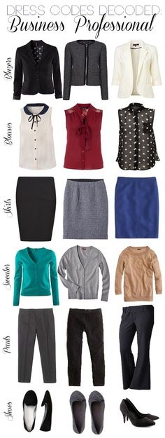 Example - Women's Contemporary Business Casual. A great start! I would probably switch out the pencil skirts for A-line but it's a good reference. Fashion Challenge, Business Professional Attire, Outfit Essentials, Clothes And Shoes, Professional Wardrobe, Professional Dresses, Business Outfit