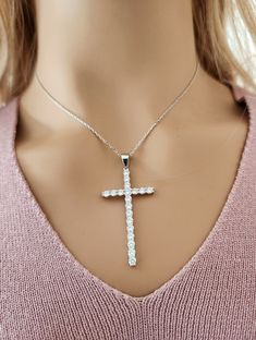 1.75ct. tw. Diamond Size Large 925 Sterling Silver Cubic Zirconia Cross Pendant Real 925 Sterling Silver NOT SILVER PLATED High Quality Silver Pendant  High polished rhodium finish gives this pendant a stunning shiny look that lasts many years. We have hundreds Silver Jewelry in stock. If you don't see what you are looking , feel free to ask us. Trendy, dainty, luxurious, classic with modern touch, elegant and fancy, fine quality made  925 Sterling Silver cross necklace pendant Descriptions 925 Large Cross Necklace, Silver Cross Necklace, Sterling Silver Cross Necklace, Sterling Silver Cross, Silver Cross, Metal Necklaces, Diamond Sizes, Necklace Pendant, Beautiful Bracelet