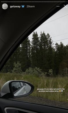 the rear view mirror of a car with trees in the background and grass on the side